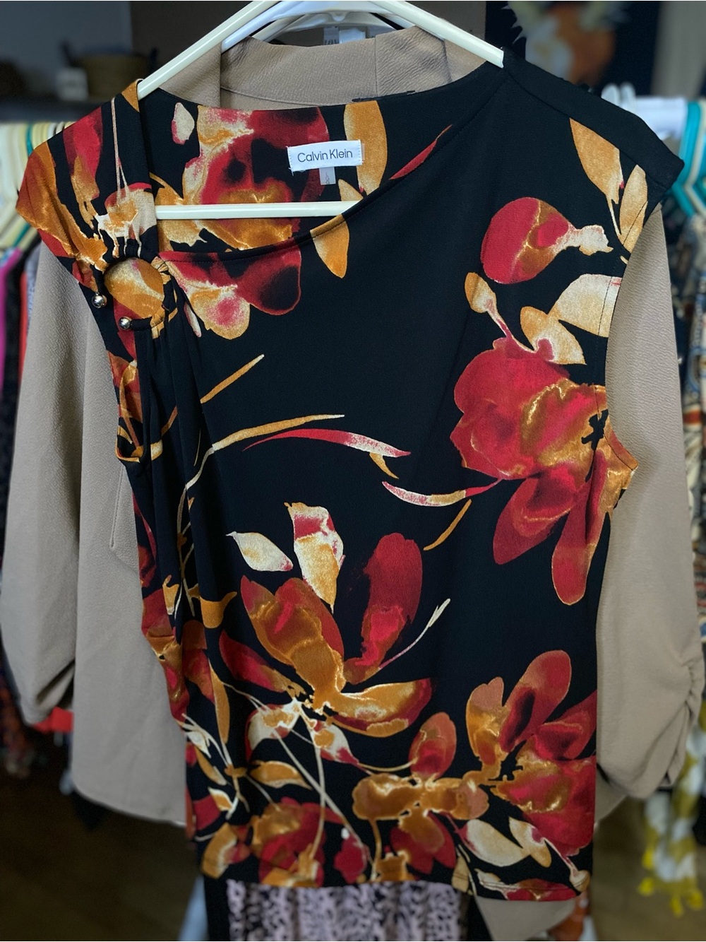 Calvin Klein Black Sleeveless Floral Blouse with Red & Gold Bloom Print